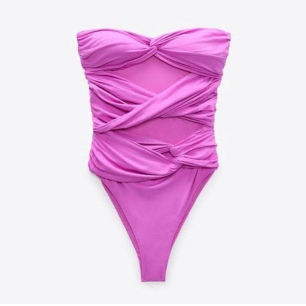 Zara Strapless Twisted Ruched One-Piece Swimsuit in Vibrant Pink